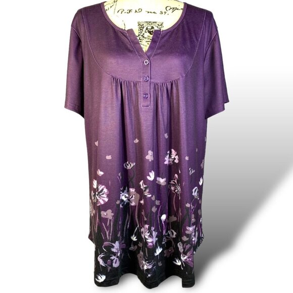 Bebonnie Blouse Womens Sz 3X Purple Floral Notch Neck Short Sleeve Pleated Tunic - Picture 1 of 10